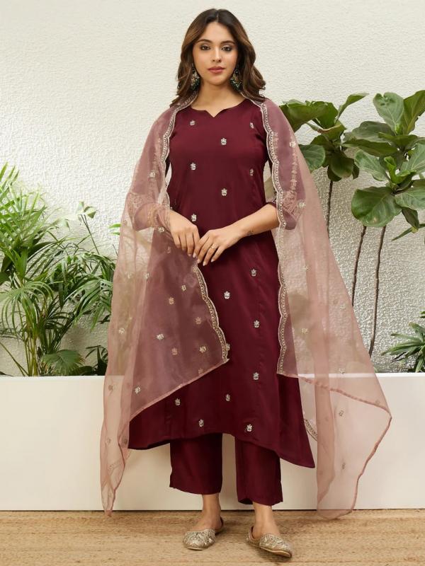VP 9860 M Women's Maroon Embroidered Straight Kurta Pant Set with Dupatta